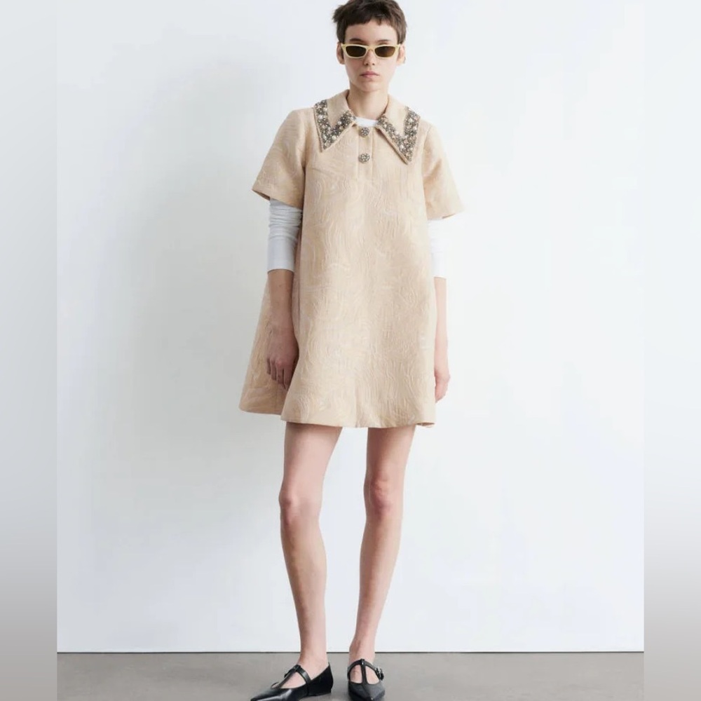 & Other Stories Beige Embellished Collar Short Dress
